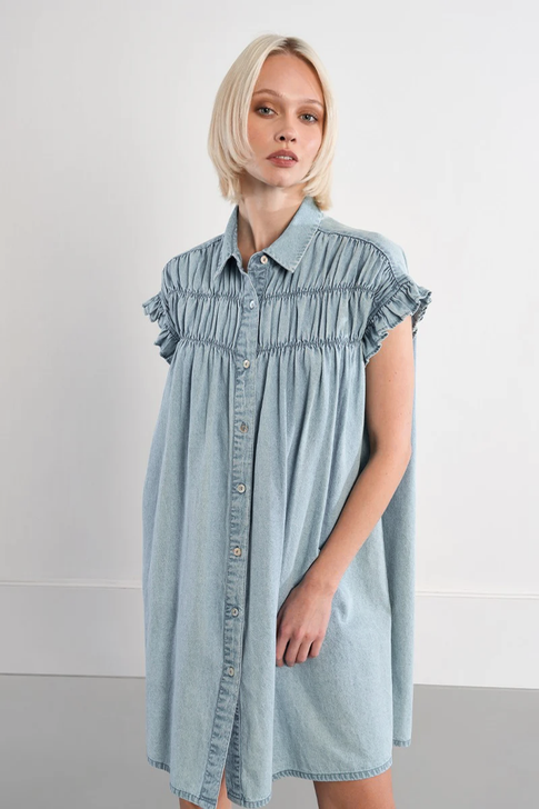 Molly Bracken Smocked Denim Effect Dress Blue