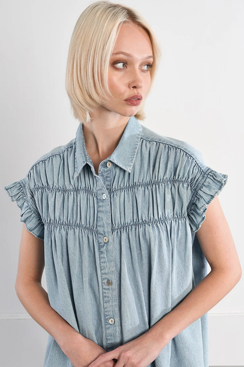 Molly Bracken Smocked Denim Effect Dress Blue