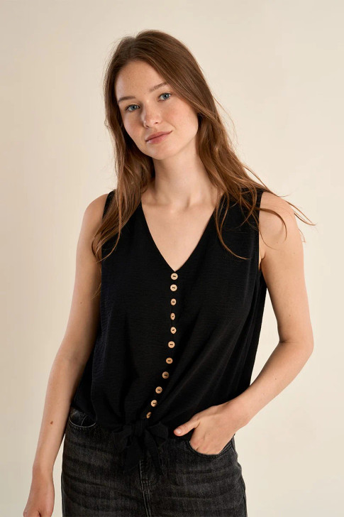 Molly Bracken Knotted Button-Up Tank Top Black
