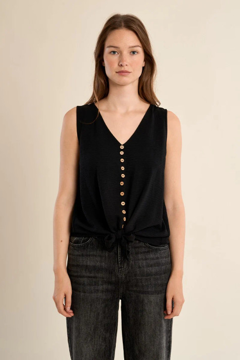 Molly Bracken Knotted Button-Up Tank Top Black