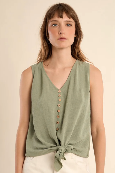 Molly Bracken Knotted Button-Up Tank Top Sage