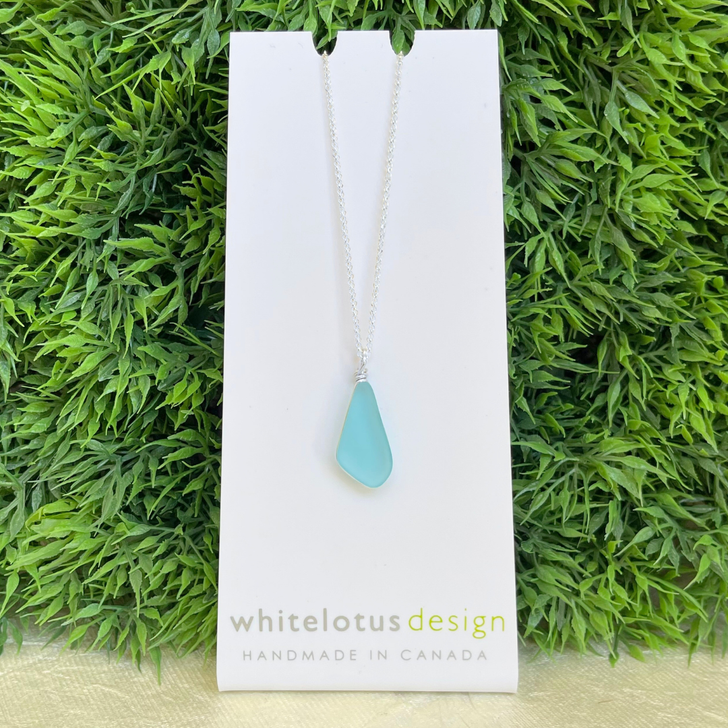 White Lotus Bezel Sea Glass Necklace Aqua