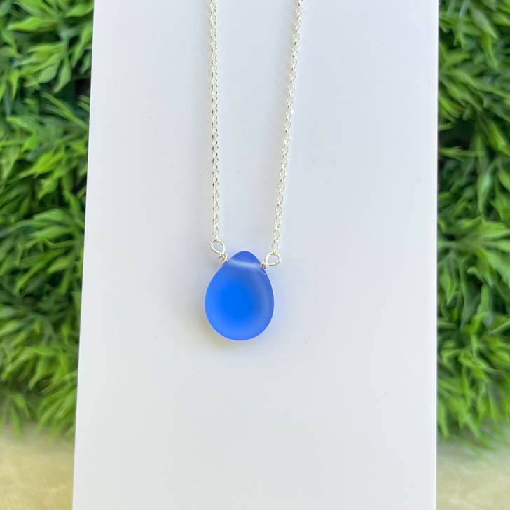 White Lotus Sea Glass Teardrop Necklace Bright Blue