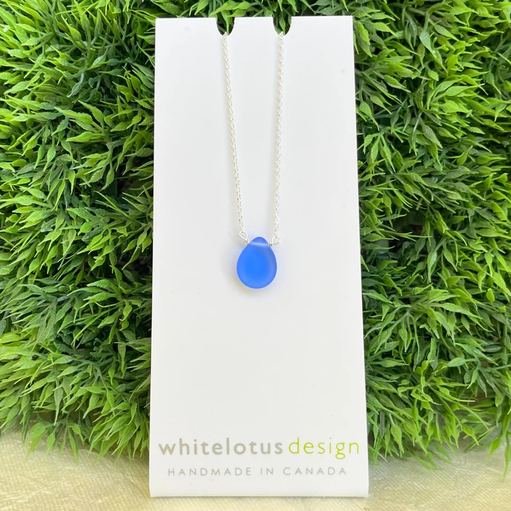White Lotus Sea Glass Teardrop Necklace Bright Blue