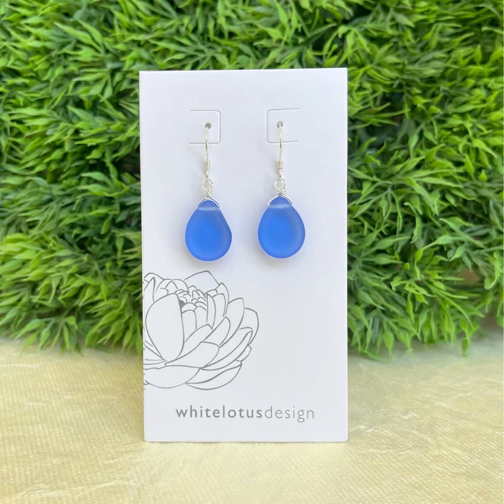White Lotus Sea Glass Teardrop Earrings Bright Blue