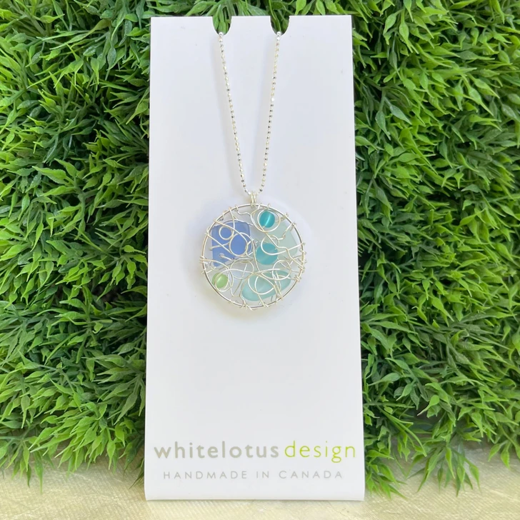 White Lotus Large Silver Web Necklace Blue Sea Glass