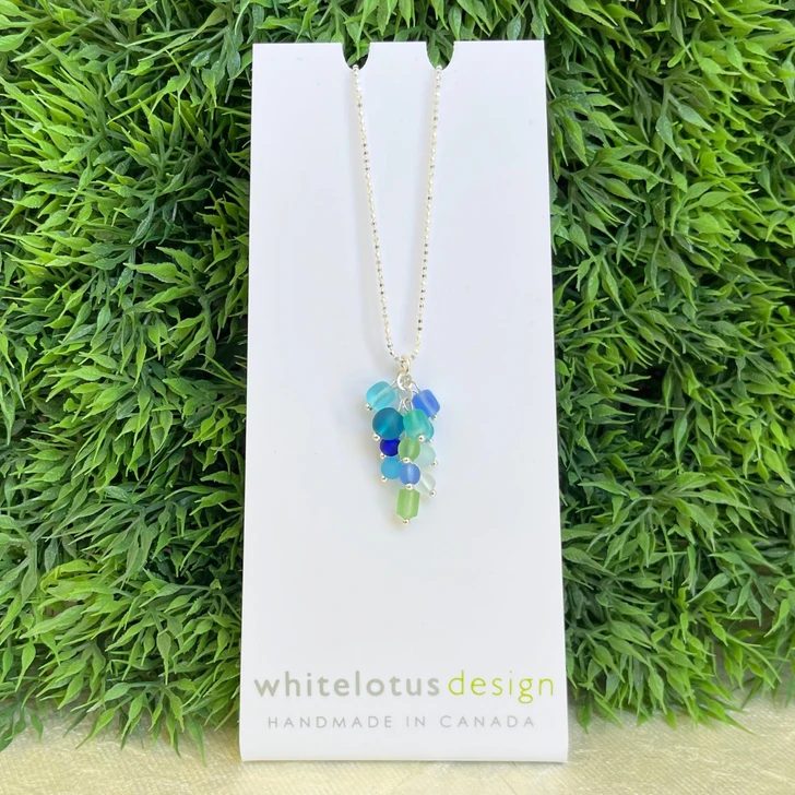 White Lotus Sea Glass Cluster Necklace Blue & Green