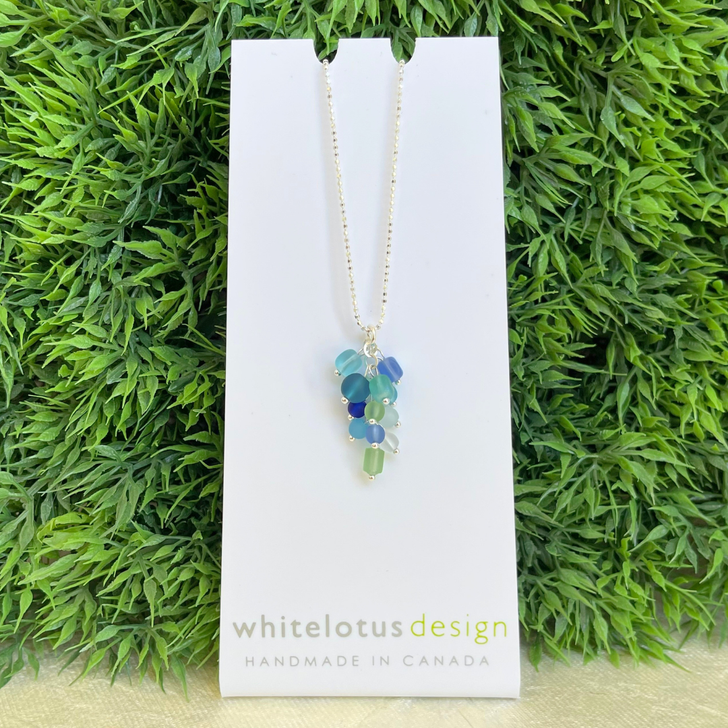 White Lotus Sea Glass Cluster Necklace Blue & Green