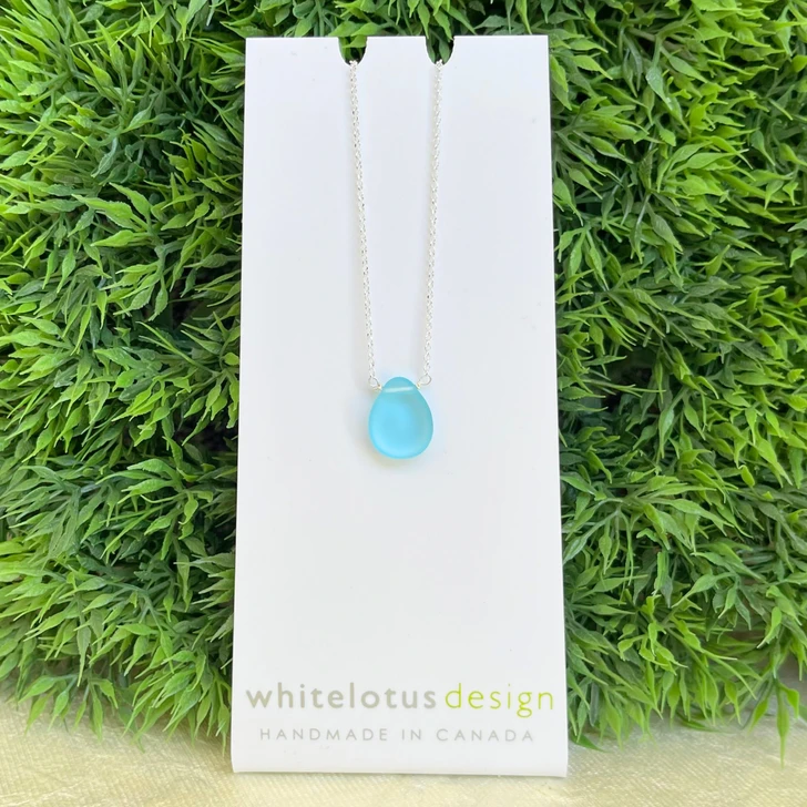 White Lotus Sea Glass Teardrop Necklace Aqua