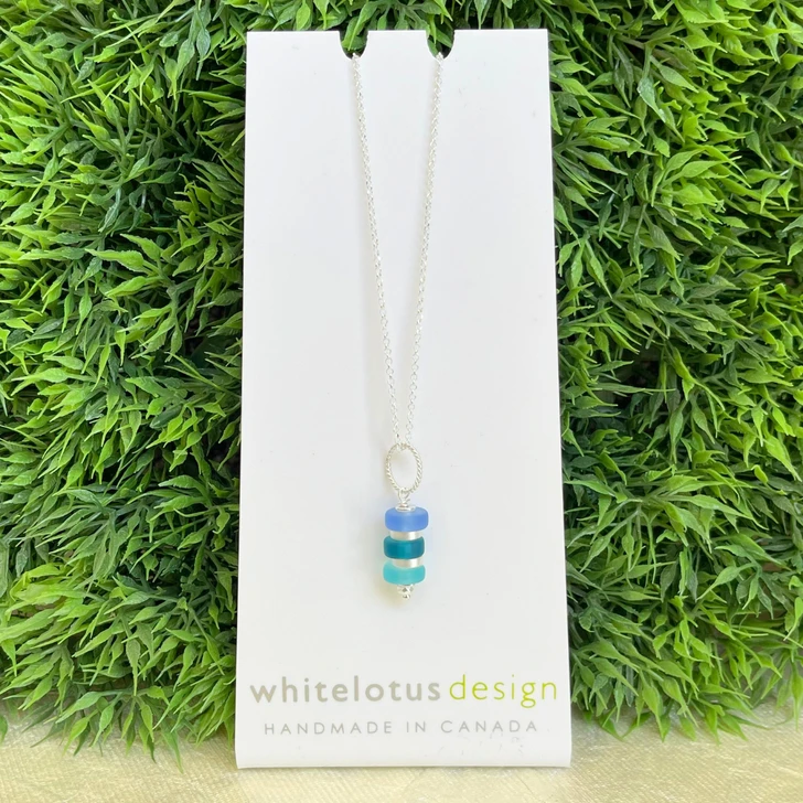 White Lotus Pebble Stack Necklace Blue Sea Glass