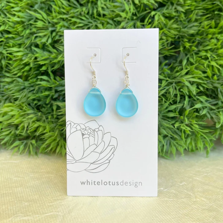 White Lotus Sea Glass Teardrop Earrings Aqua