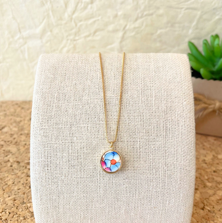 K. Ross Creations Antique China Necklace Bright Blue Flower