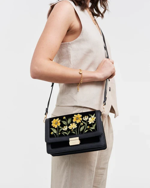 Fable Botanical Embroidered Foldover Bag Black Velvet