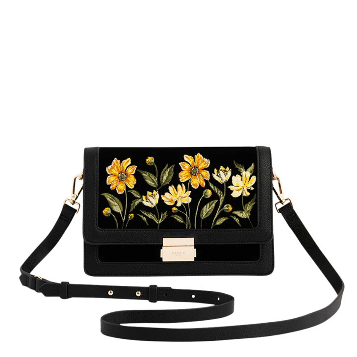 Fable Botanical Embroidered Foldover Bag Black Velvet