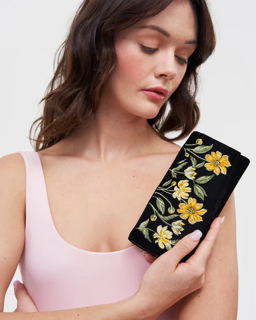 Fable Botanical Embroidered Wallet Black Velvet