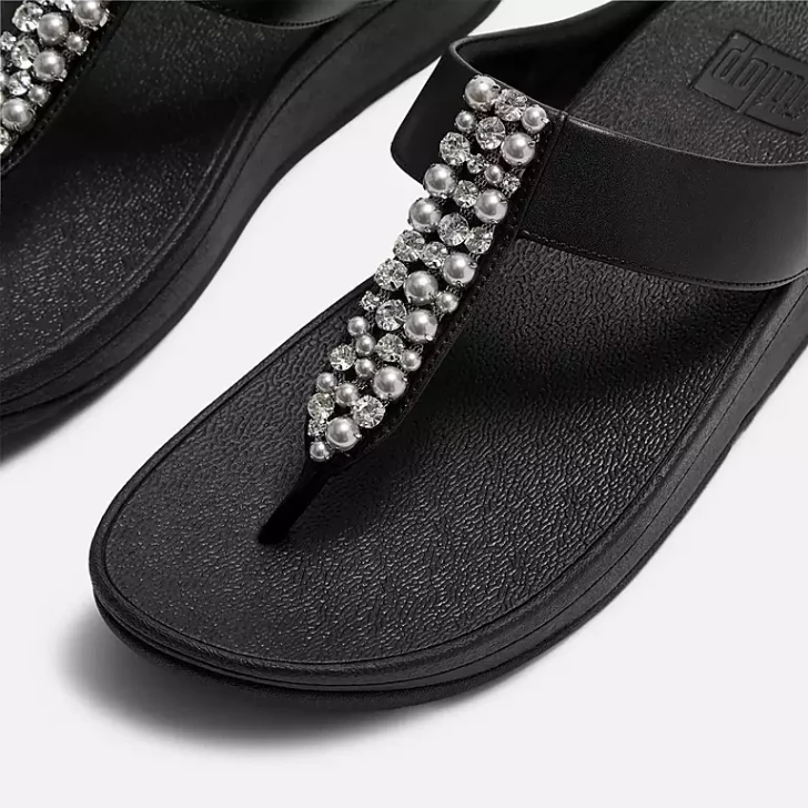 FitFlop Fino Pearl & Crystal Toe Post Sandals Black