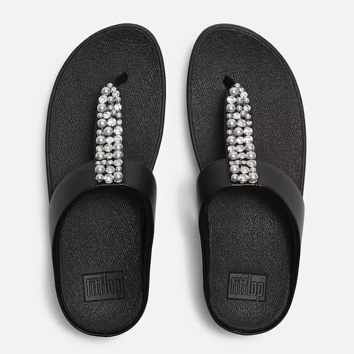 FitFlop Fino Pearl & Crystal Toe Post Sandals Black