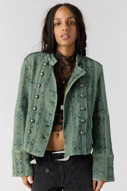 Free People Lotty Jacquard Band Jacket Steel Sea