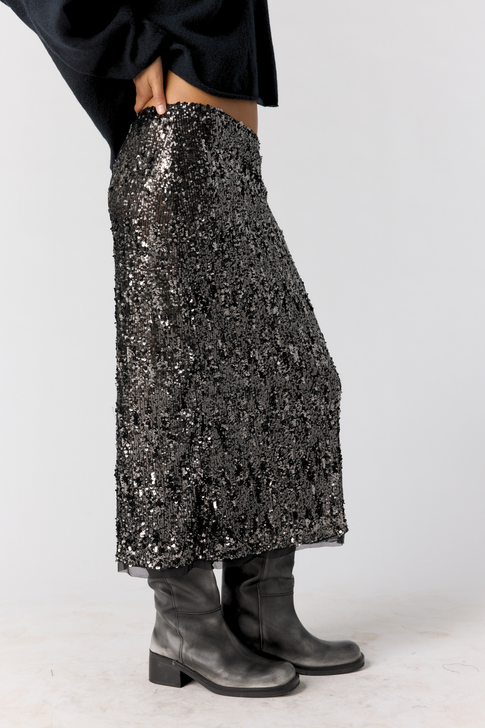 Free People Party Trick Sequin Midi Slip Skirt Gunmetal