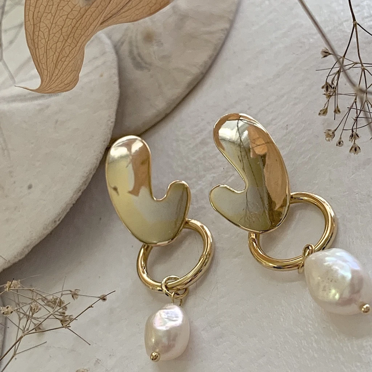 Pika & Bear Modernist Drop Stud Earrings with Freshwater Pearls