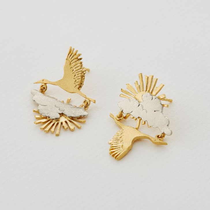 Alex Monroe Sunrise/Sunset Stork in Flight Earrings Silver & Gold Plated