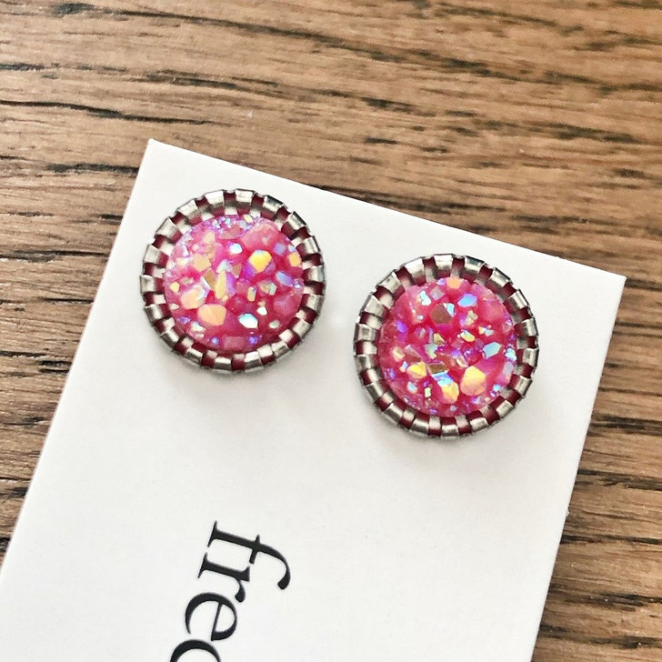 Freckle Face Druzy Studs Spring Colours 10mm Fuschia Pink