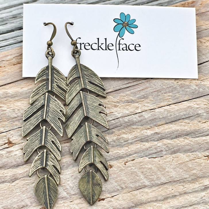 Freckle Face Large Moveable Feather Earrings Antique Brass