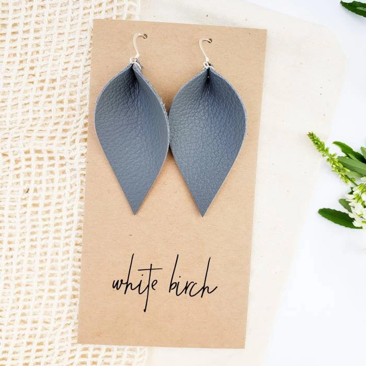 White Birch Dark Gray Small Leather Leaf Earrings