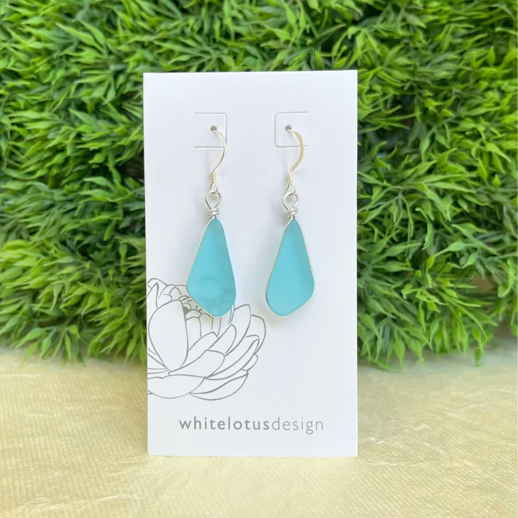 White Lotus Large Seaglass Pebble Earrings Aqua