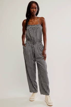 Free People Retro Heatwave Gingham Jumpsuit Black Combo - Starlet