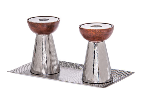 Classic Touch Stainless Steel Candlesticks & Tray