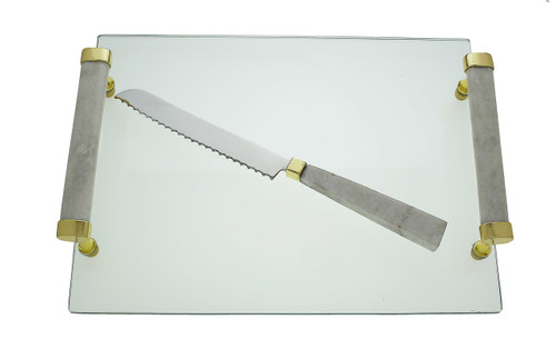 Glass Challah Tray with White Marble Handles and Knife
