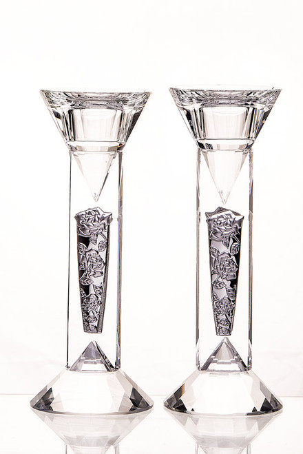Crystal & Silver Diamond & Floral Candlestick Set - 6"
