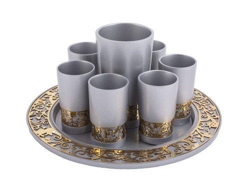 air Emanuel Anodized Kiddush Set w/ Metal Cutout- Silver (EM-GSD1)