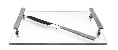 Glass Challah Tray with Silver Knife and Handles - Rectangular