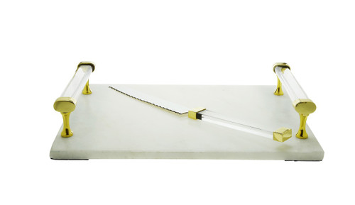 White Marble Challah Board with Acrylic Knife and  Handles