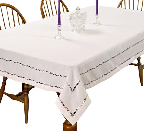 Hem Stitch Tablecloth Embroidered Vintage Design (White)