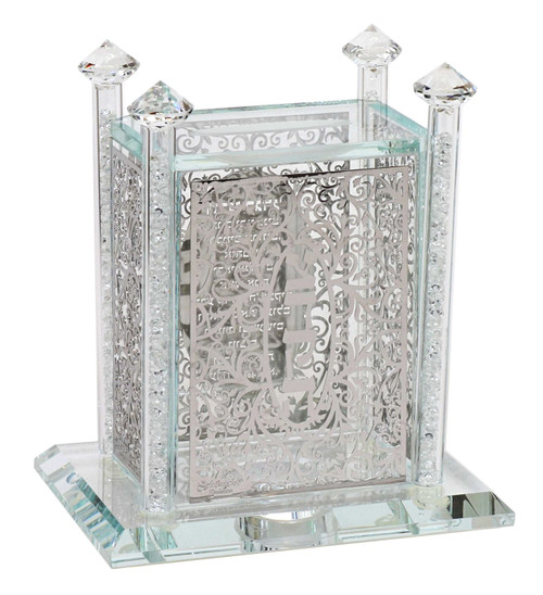 Crystal Tzedaka Box with Silver Floral Cutouts
