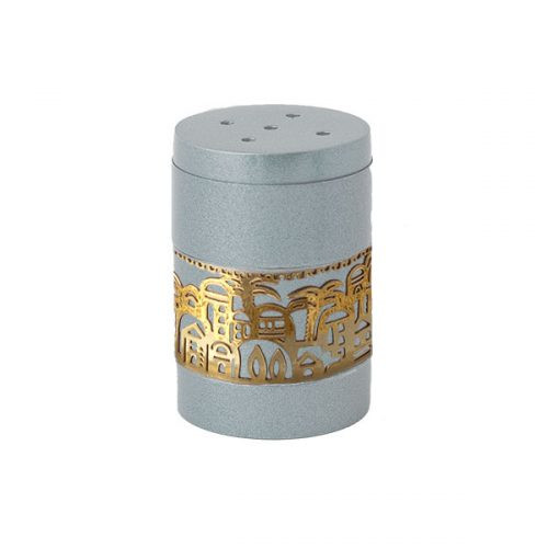 Anodized Aluminum Salt Shaker with Gold Jerusalem Metal Cutout
