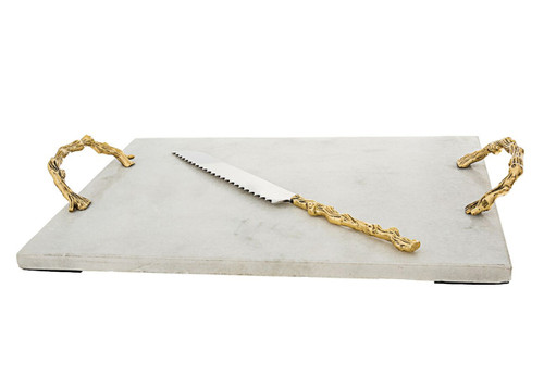 Classic Touch Marble Challah Tray & Knife- White