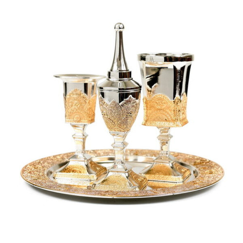 Silverplate 3pc Havdalla Set w/Plate-Gold-Filigree Design