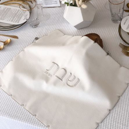 White Embroidered Leatherette Challah Cover 19"