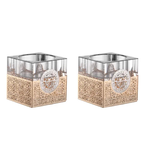 Set Of Crystal Tea Light Holder With 4 Sides Of Gold Plates