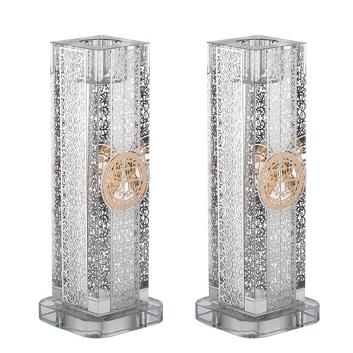 Set Of Crystal Candlesticks With 4 Sides Silver Plate