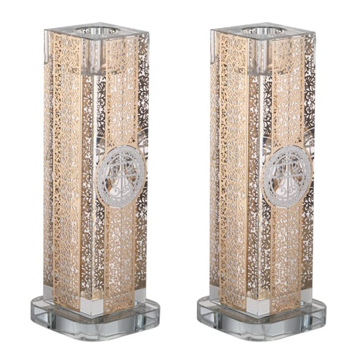 Set Of Crystal Candlesticks With 4 Sides Gold Plate