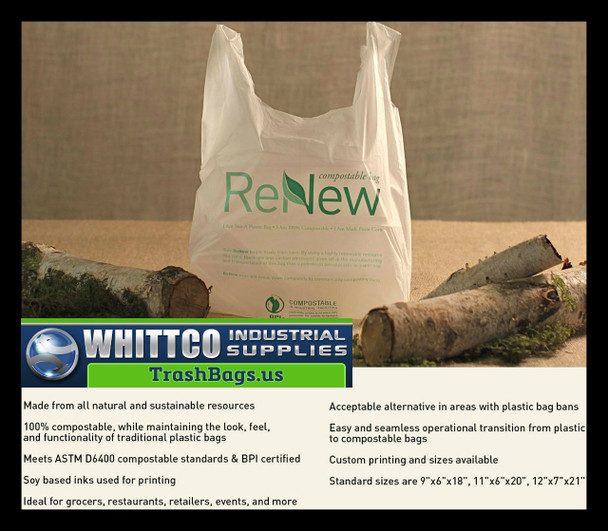 11x6x20 Compostable T-Shirt Bags .8 MIL 1000 Bags per case BPI ASTM D6400