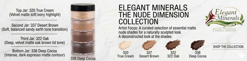 Elegant Minerals Nude Dimension Collection banner featuring a matte neutral stackable mineral eye shadow quad and swatches.
