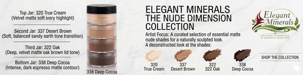 Elegant Minerals Nude Dimension Collection banner featuring a matte neutral stackable mineral eye shadow quad and swatches.