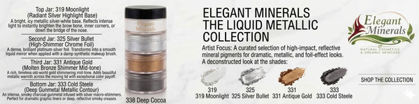 Elegant Minerals Liquid Metallic Collection banner featuring an ultra reflective chrome mineral eyeshadow quad stack and swatches.