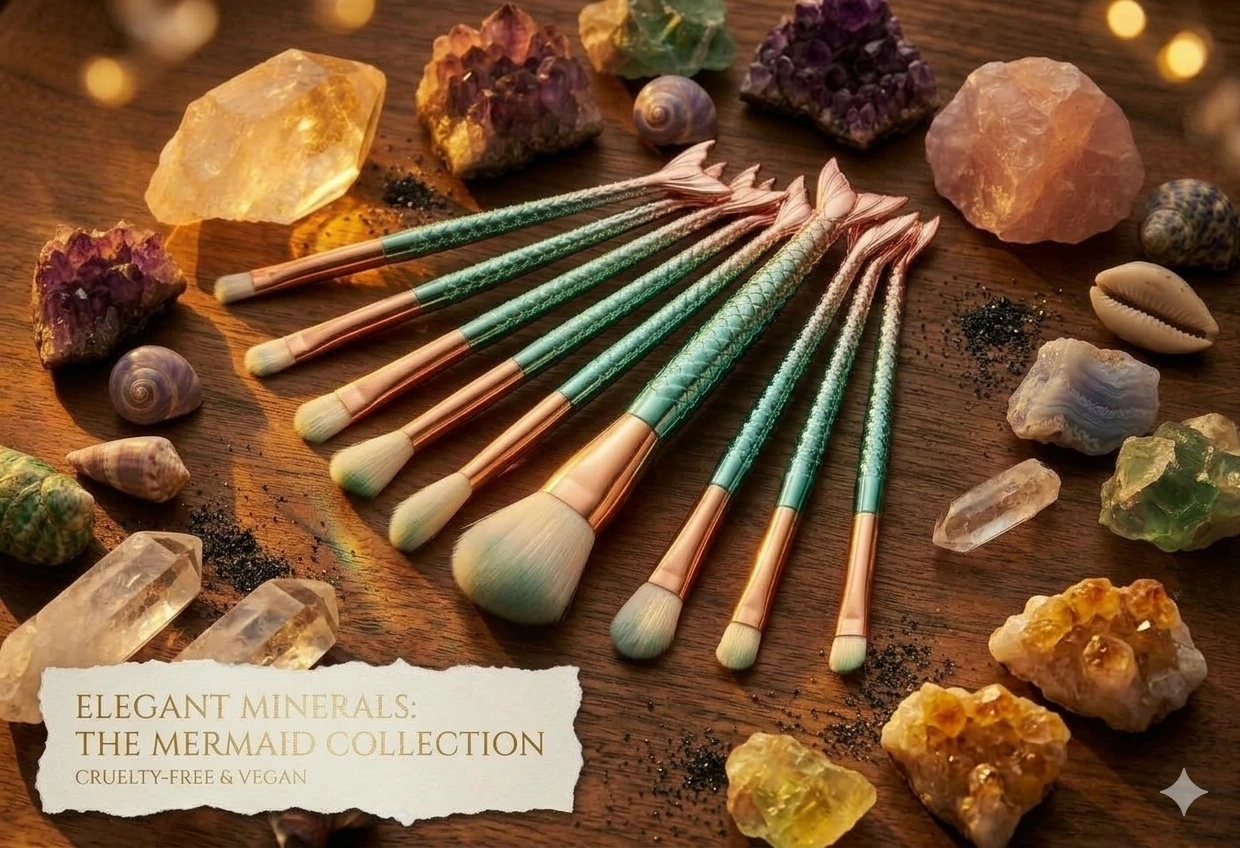 Elegant Minerals Mermaid Brush Set - Dark Walnut Collection Elegant Minerals 7 piece mermaid makeup brush set arranged flat on dark walnut wood background surrounded by raw crystals and sea shells.